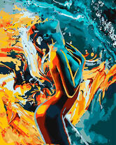 Обнаженная девушка в жёлто-голубых красках