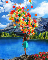 Девушка у озера с охапкой воздушных шаров