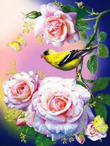 Желтая птичка на больших розах