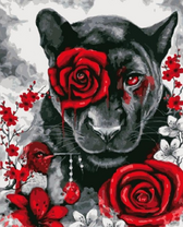 Черная пантера среди кроваво-красных роз