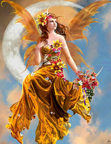 Золотая фея на луне с лилиями