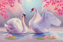 Пара лебедей в цветах сакуры и лотосах