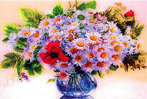 Букет сиреневых ромашек и маков