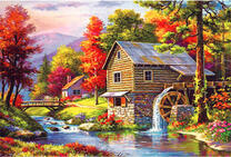 Водяная мельница на реке в осеннем лесу