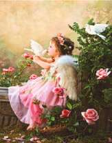 Ангелочек с голубями среди роз