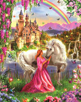 Девушка с единорогом на фоне замка и радуги