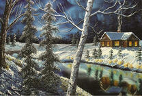 Зимний пейзаж с домиком у реки