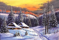 Зимний пейзаж с деревенскими домиками