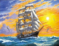 Фрегат на волнах и чайки в небе