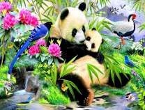 Мама панда с малышом и птицами