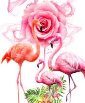 Три фламинго на фоне цветущей розы