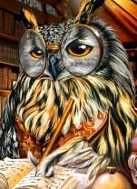 Мудрый филин в библиотеке делает заметки