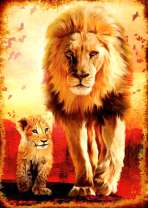 Львёнок и лев на фоне заката