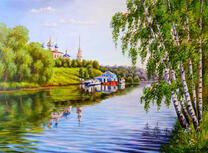 Деревня на склоне холма у реки