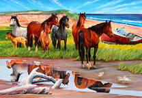 Табун диких лошадей на пастбище