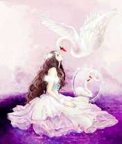 Рыжеволосая девушка в белом платье и лебедь