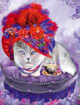 Кошечка в красной шляпе и чашка чая