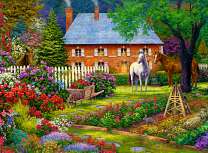 Загородный дом, лошади и цветы