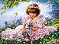 Девочка со щенком далматинца у озера