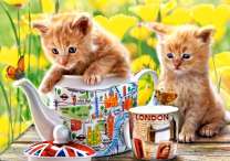 Пара рыжих котят и чайный сервиз