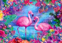 Пара фламинго на озере и яркие цветы