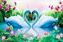 Любящие лебеди на цветущем озере