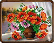 Ваза красных маков, воробей и церковь