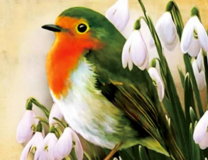Птичка в цветущих подснежниках