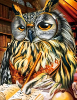 Филин в очках пишет книгу