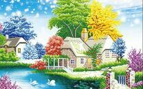 Домики у озера с белыми лебедями