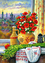 Натюрмот у окна с букетом маков