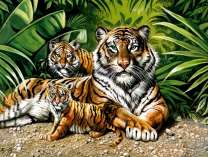 Тигр и его потомство на отдыхе