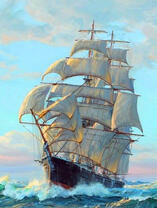 Красивый корабль с белыми парусами на волнах