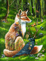 Лиса и ворон с рогами в лесу