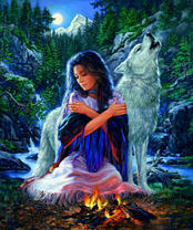 Девушка у костра и ее белый волк