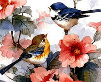 Маленькие птички на ярких цветах