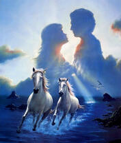 Две белых лошади и влюбленные в облаках