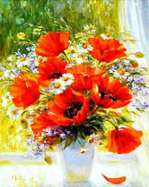 Маки и ромашки в вазе на подоконнике