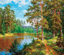 Чудесный пейзаж в сосновом лесу у реки